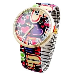 Heart Love Watch Valentine Multi-color Quartz Stretch Large Face